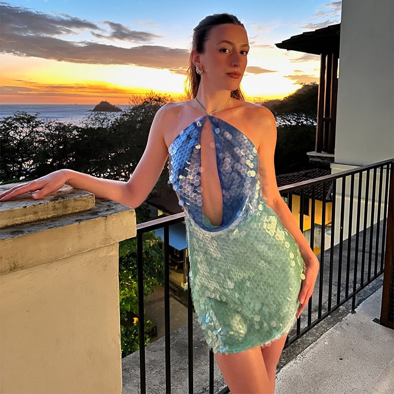 Y2K Backless Halter Mini Dress - ONE TO WAN Women Y2K Sequin
