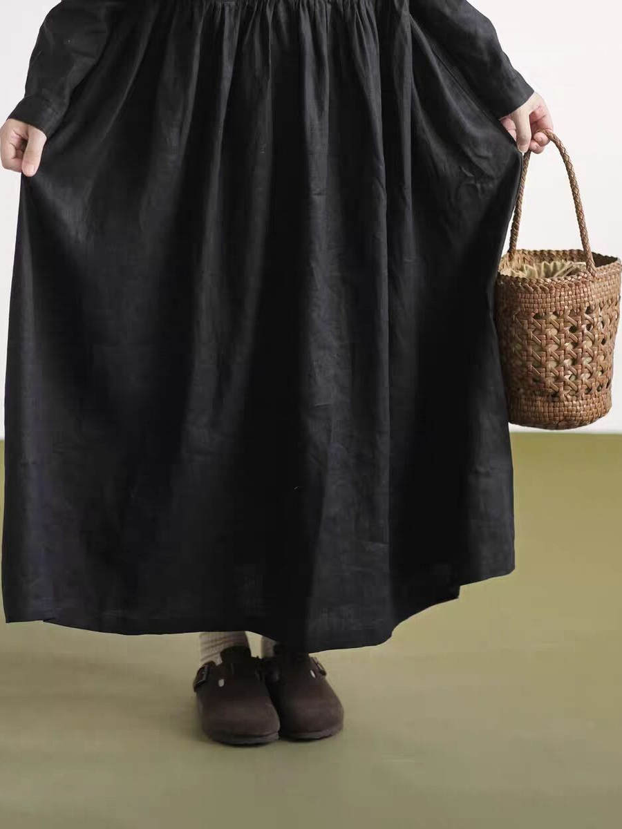 Black Lace Collar Long Sleeve  - Casual Loose Linen Shirt Dress recension och pris