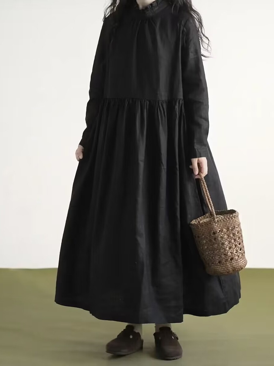 Black Lace Collar Long Sleeve  - Casual Loose Linen Shirt Dress recension och pris