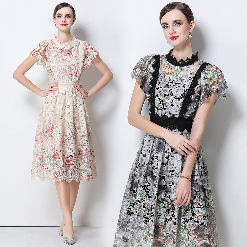 Elegant Lace Embroidery Hollow - French Vintage Floral Midi Dress recension och pris