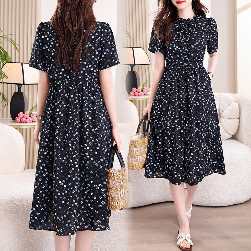 Vintage Navy Blue Floral Print - French Vintage Floral Midi Dress recension och pris